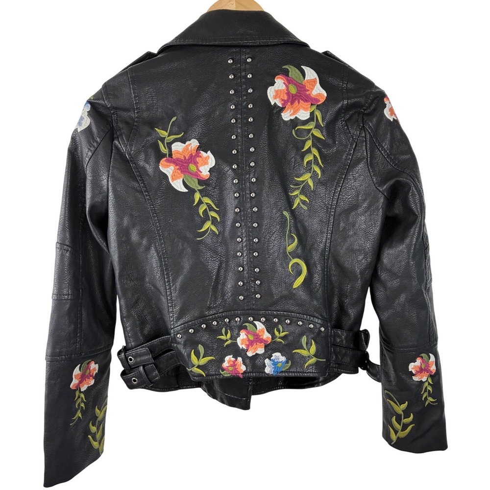 Boho Floral Embroidered Moto Jacket Black Faux Leather Studded Biker Size S - Picture 3 of 11